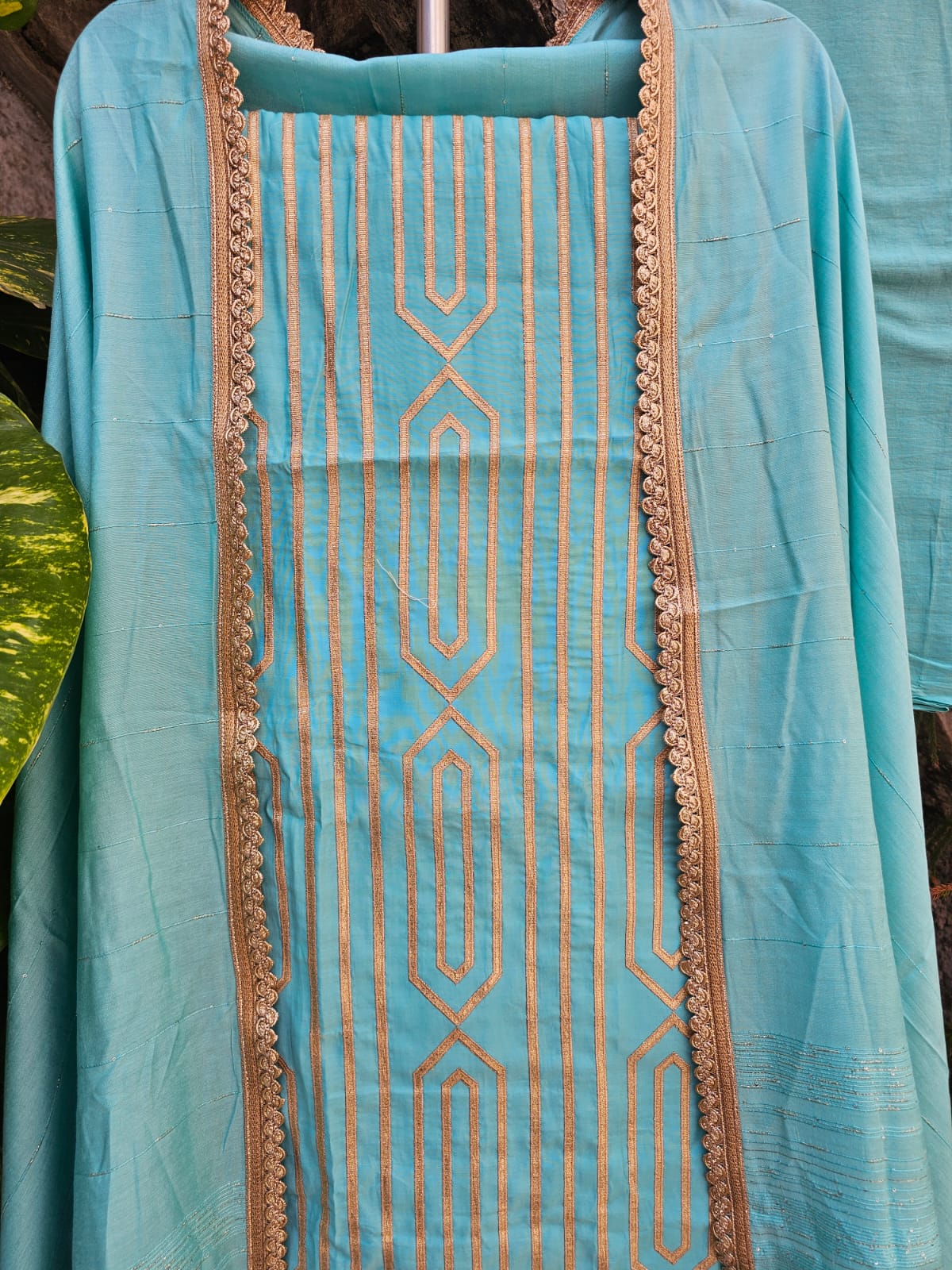 Soothing Blue Three Piece Unstitched Suit Set With Machine Applique