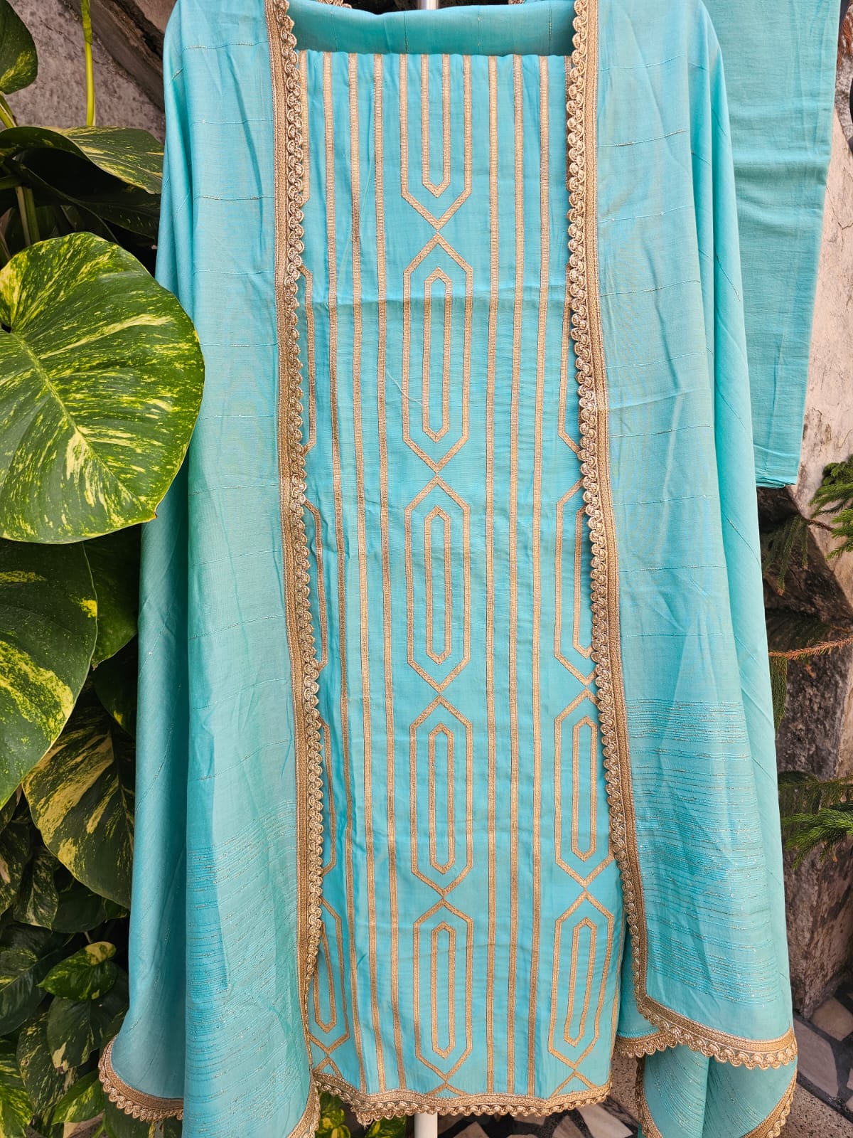 Soothing Blue Three Piece Unstitched Suit Set With Machine Applique