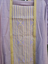 Gentle Lavender Three Piece Unstitched Suit Set With Machine Applique