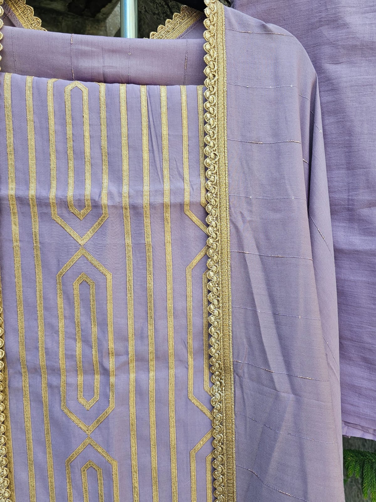 Gentle Lavender Three Piece Unstitched Suit Set With Machine Applique