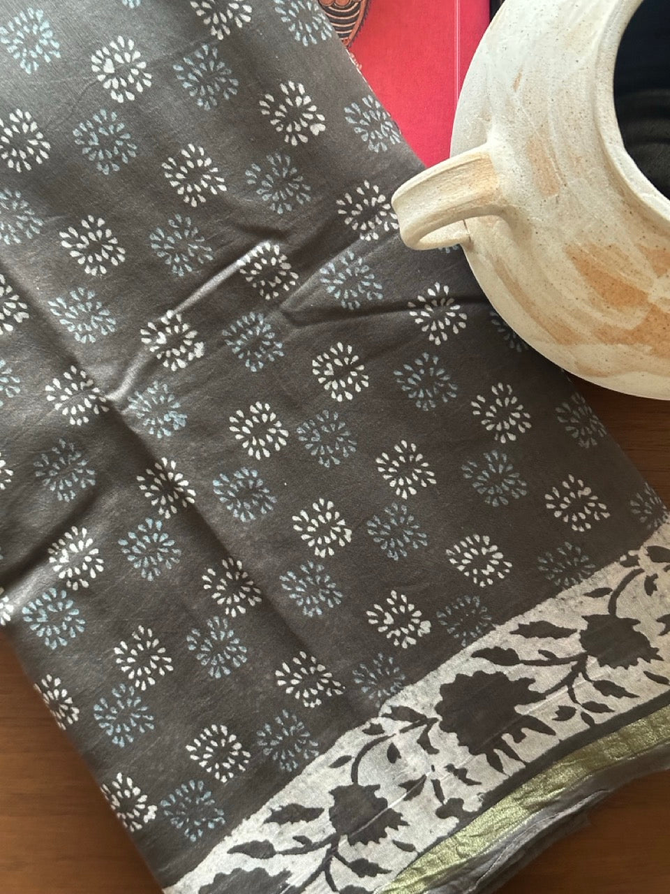 Charcoal Grey Handblock Print Chanderi Cotton Silk Saree