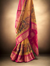 Floral Mustard yellow Cotton Silk Kalamkari Saree