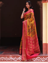 Floral Mustard yellow Cotton Silk Kalamkari Saree