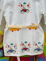 Detail shot of the hood of the cars theme kids bathrobe, featuring playful car motifs