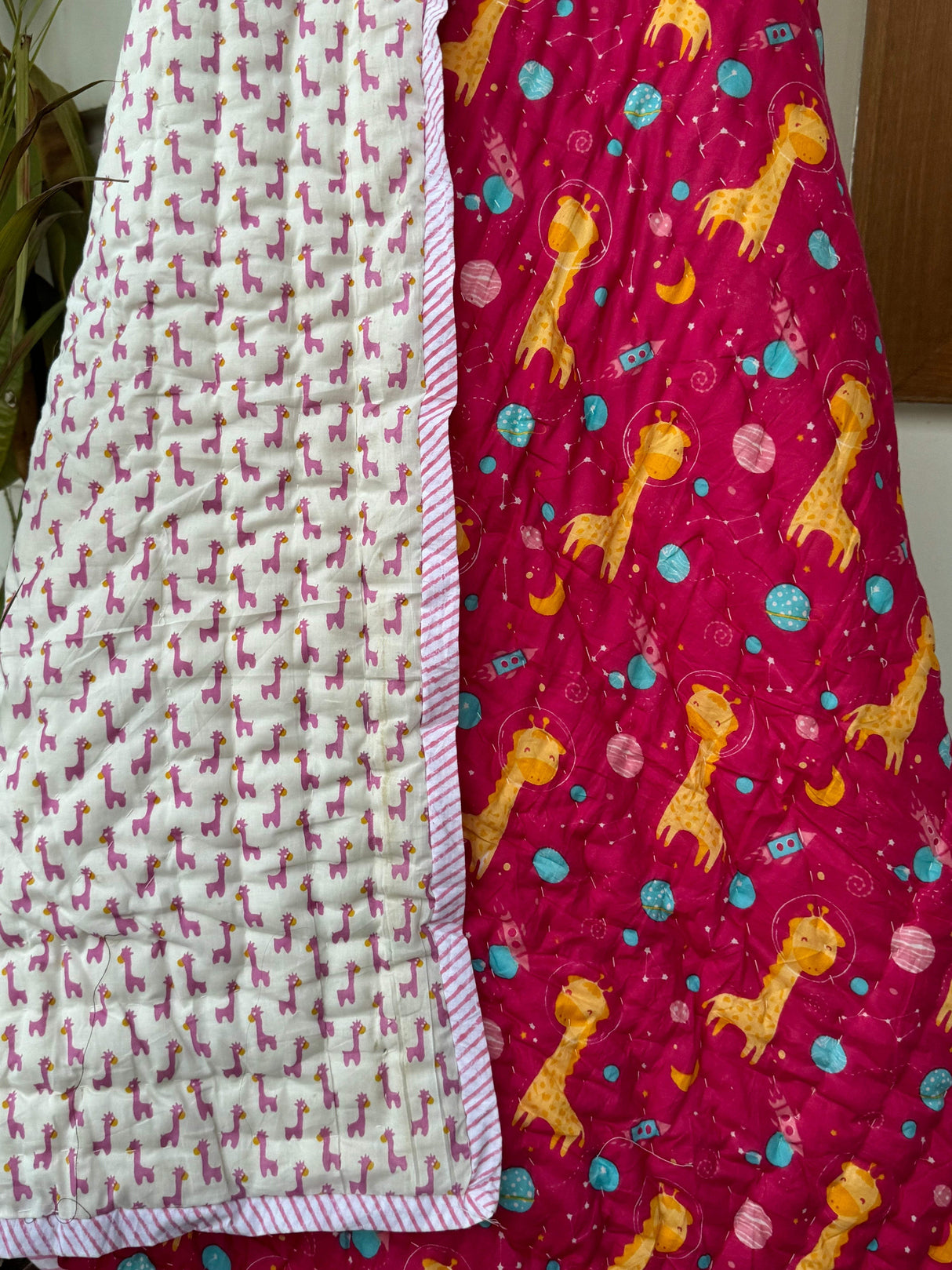 sustainable-pink-dohar-with-giraffes-and-space-motifs-handcrafted-by-jaipur-artisans-ideal-for-new-zealand-and-dubai