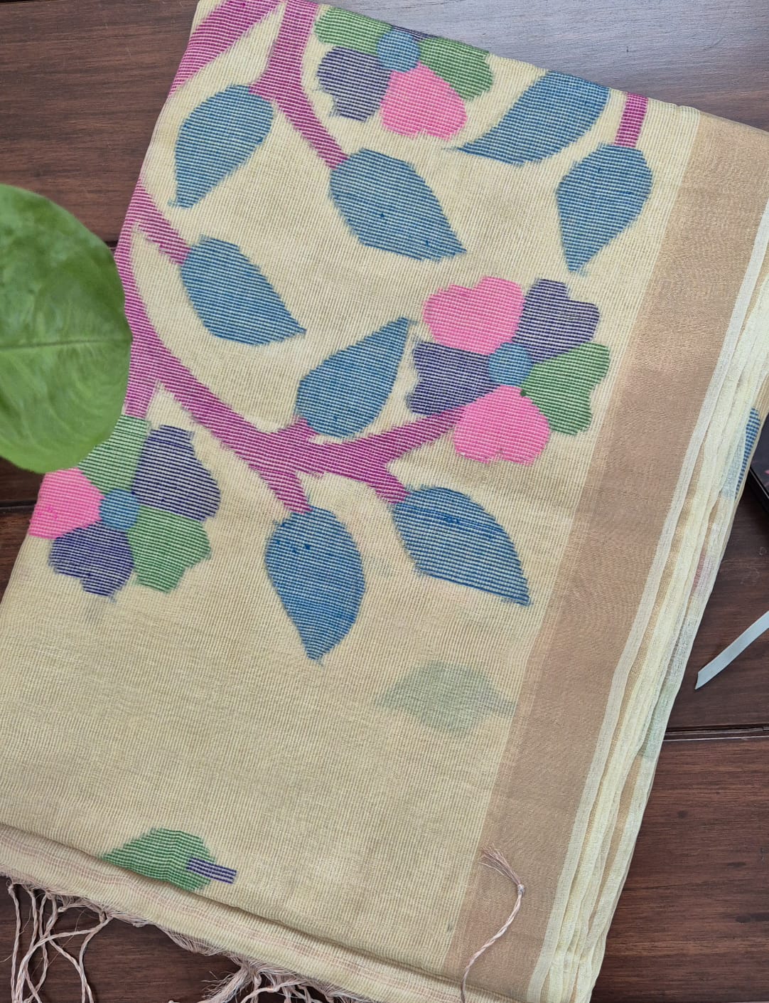 Cream Base with Pink Stems Handloom Tissue Silk Saree with Jamdani weaving