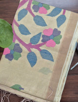 Cream Base with Pink Stems Handloom Tissue Silk Saree with Jamdani weaving