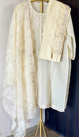 3 Piece Chanderi Mulmul Semi Stitched Suit Set in Shade of Ivory/Cream