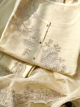 3 Piece Chanderi Mulmul Semi Stitched Suit Set in Shade of Ivory/Cream