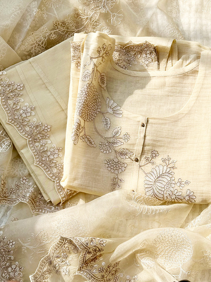 3 Piece Chanderi Mulmul Semi Stitched Suit Set in Shade of Ivory/Cream