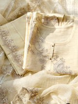 3 Piece Chanderi Mulmul Semi Stitched Suit Set in Shade of Ivory/Cream