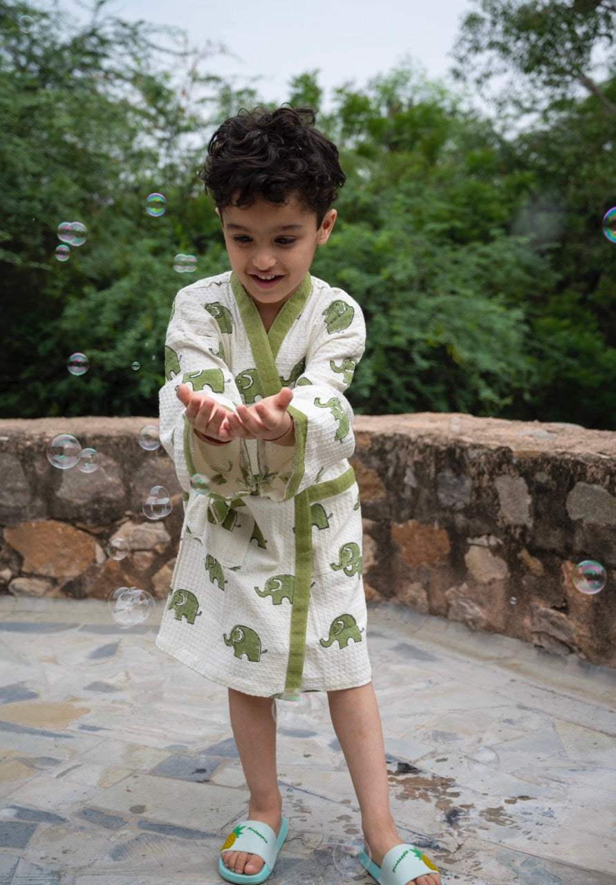 boutique style kids waffle cotton bathrobe with custom name embroidery and light elephant print for bulk gifting in Norway and Indonesia