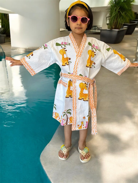 buy kids bathrobe with cute giraffe nursery theme made from pure cotton waffle