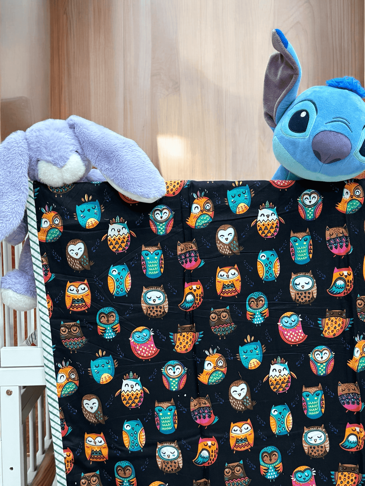 soft breathable kids dohar with owls on black and white base reversible design