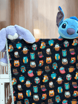 soft breathable kids dohar with owls on black and white base reversible design