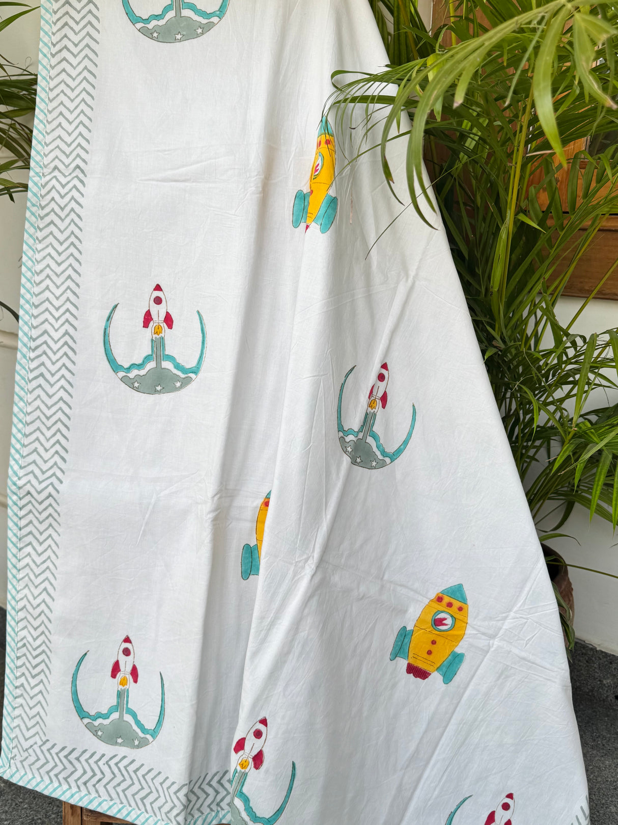 baby gift idea space theme dohar block printed by artisans of jaipur soft pure cotton fabric