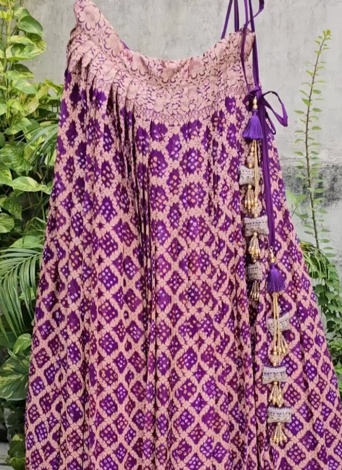 Gorgeous Purple Pure Banarsi Georgette Bandhani Lehenga with Dupatta