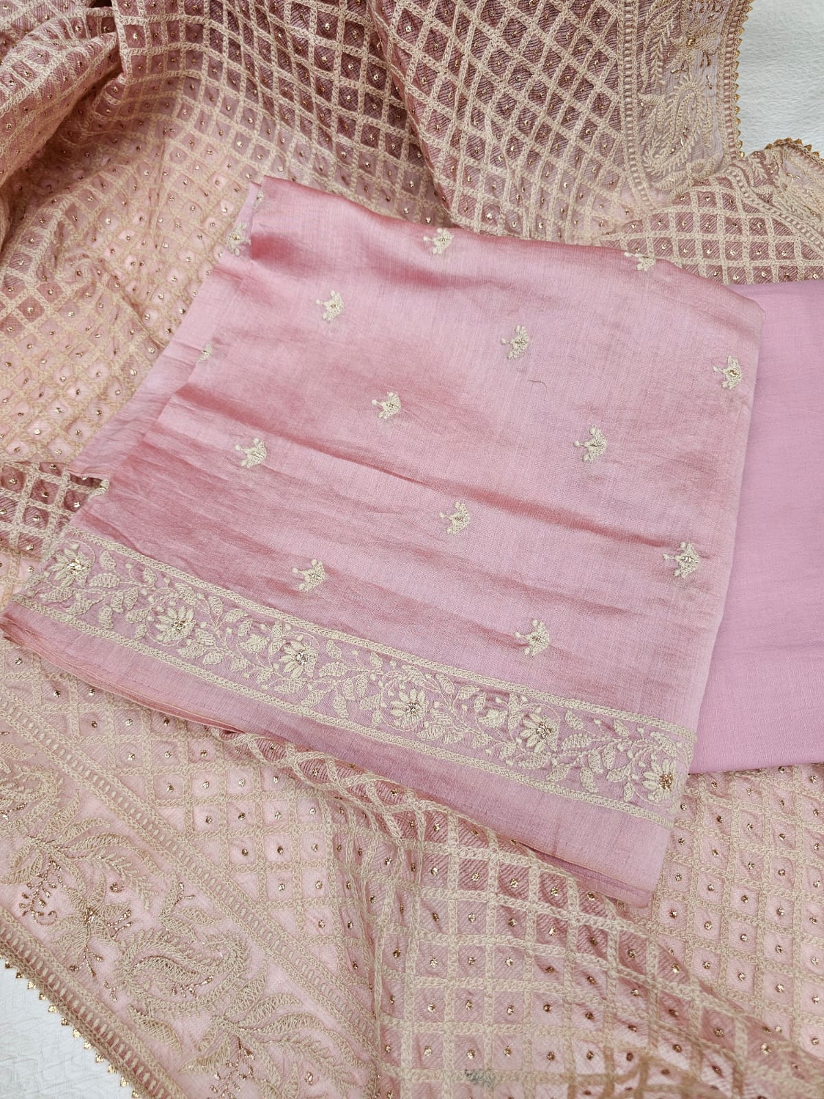 3 Piece Chanderi mulmul Unstitched Suit Set in Shade of Pink