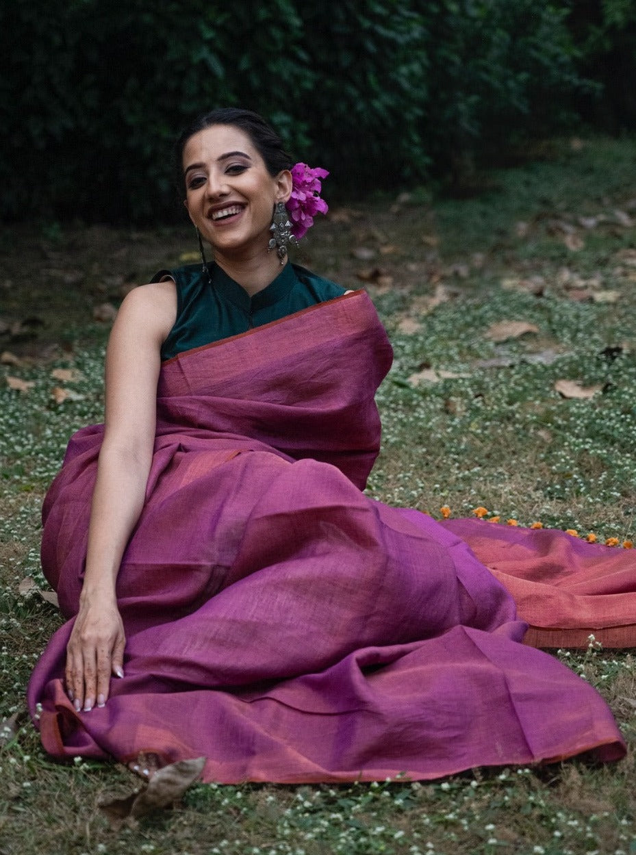 Handloom Tissue Linen Saree in Dual Shade Plum and Copper