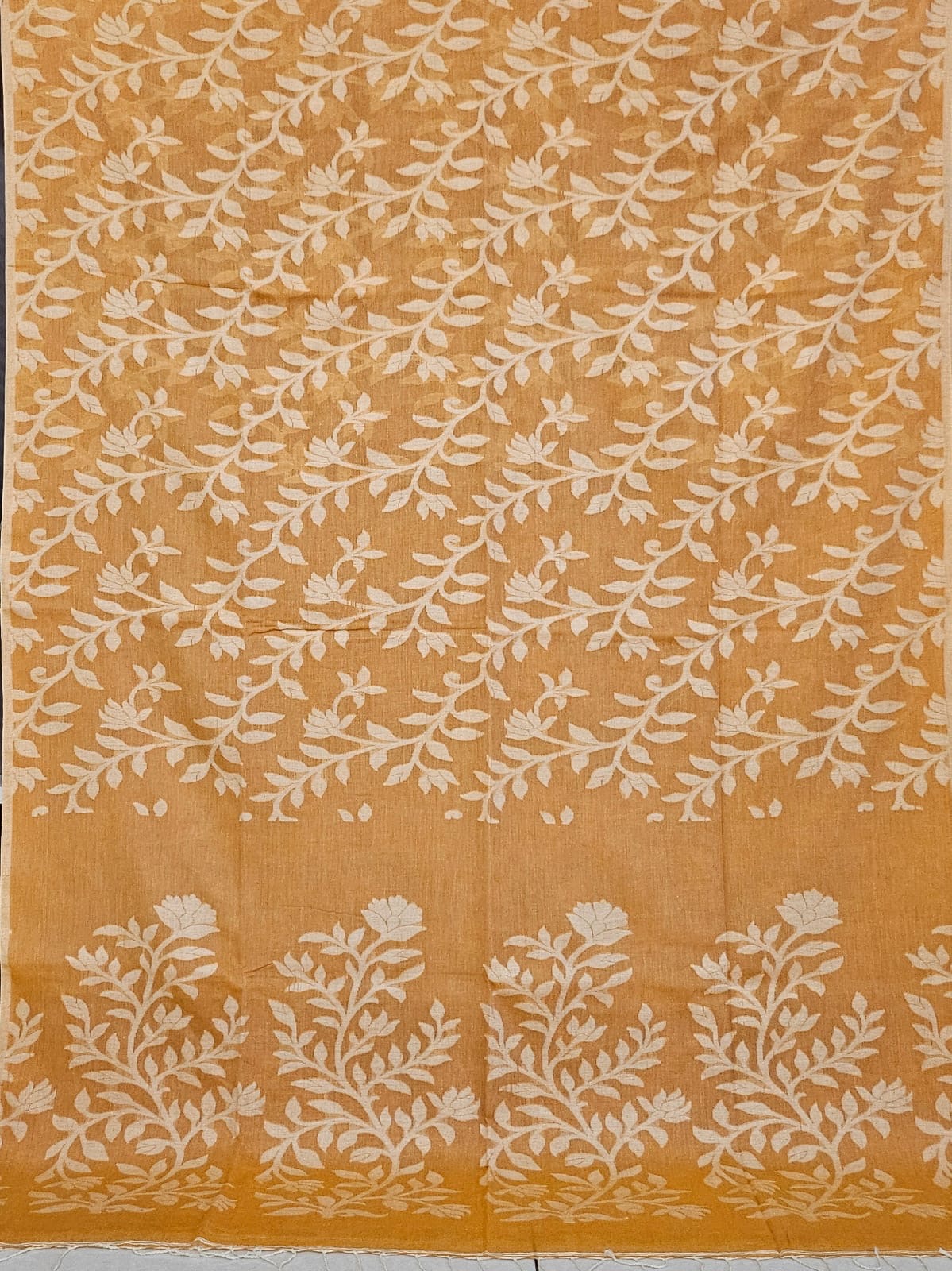 Orange Floral Cotton Saree made on Jacquard Loom