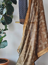 Brown to Grey Half and Half Venkatgiri Cotton Bandhani Saree