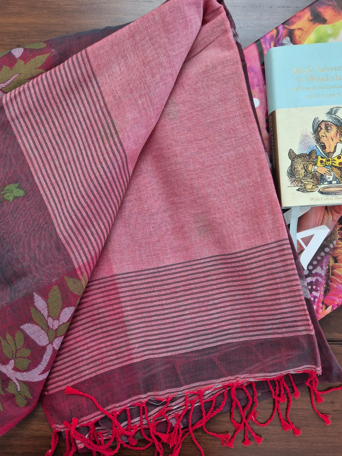 Elegant Mulmul Cotton Saree made on Jacquard Loom in Dhoop Chao Crimson Green Colour