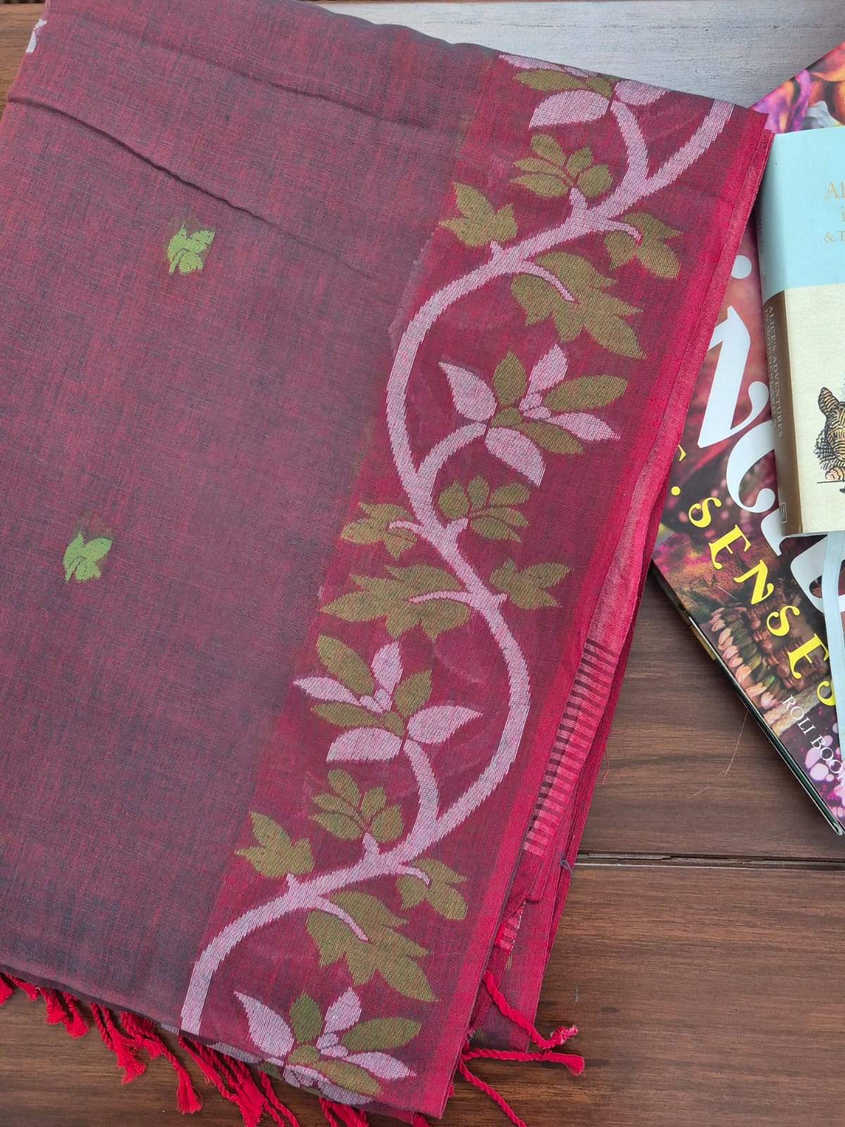 Elegant Mulmul Cotton Saree made on Jacquard Loom in Dhoop Chao Crimson Green Colour
