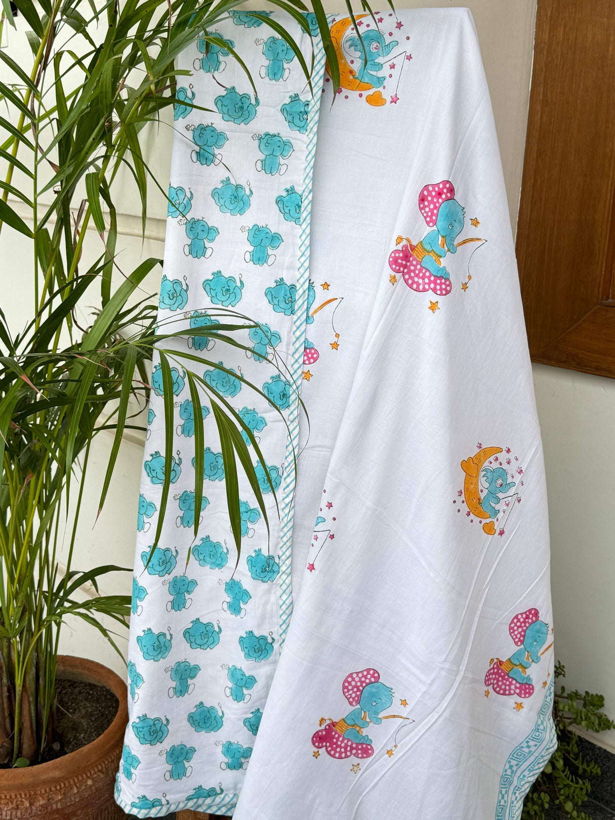 	handcrafted in jaipur kids dohar dreamy elephant moon print turquoise theme