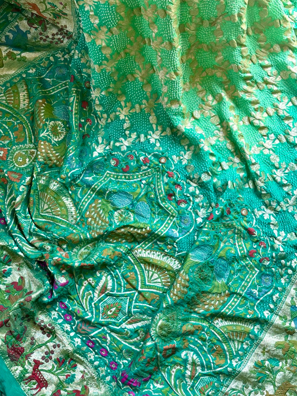 Dual Shade of Turquoise Pure Georgette Meenakari Bandhani Dupatta