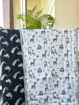 grey white and black jungle animal quilt for babies with giraffe and rabbit prints ideal for birthday gifting in Germany and Malaysia