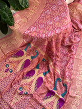 Dusty Old Rose Pure Banarsi Gerogette Meenakari Bandhani Saree