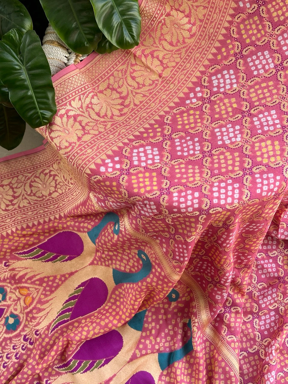 Dusty Old Rose Pure Banarsi Gerogette Meenakari Bandhani Saree