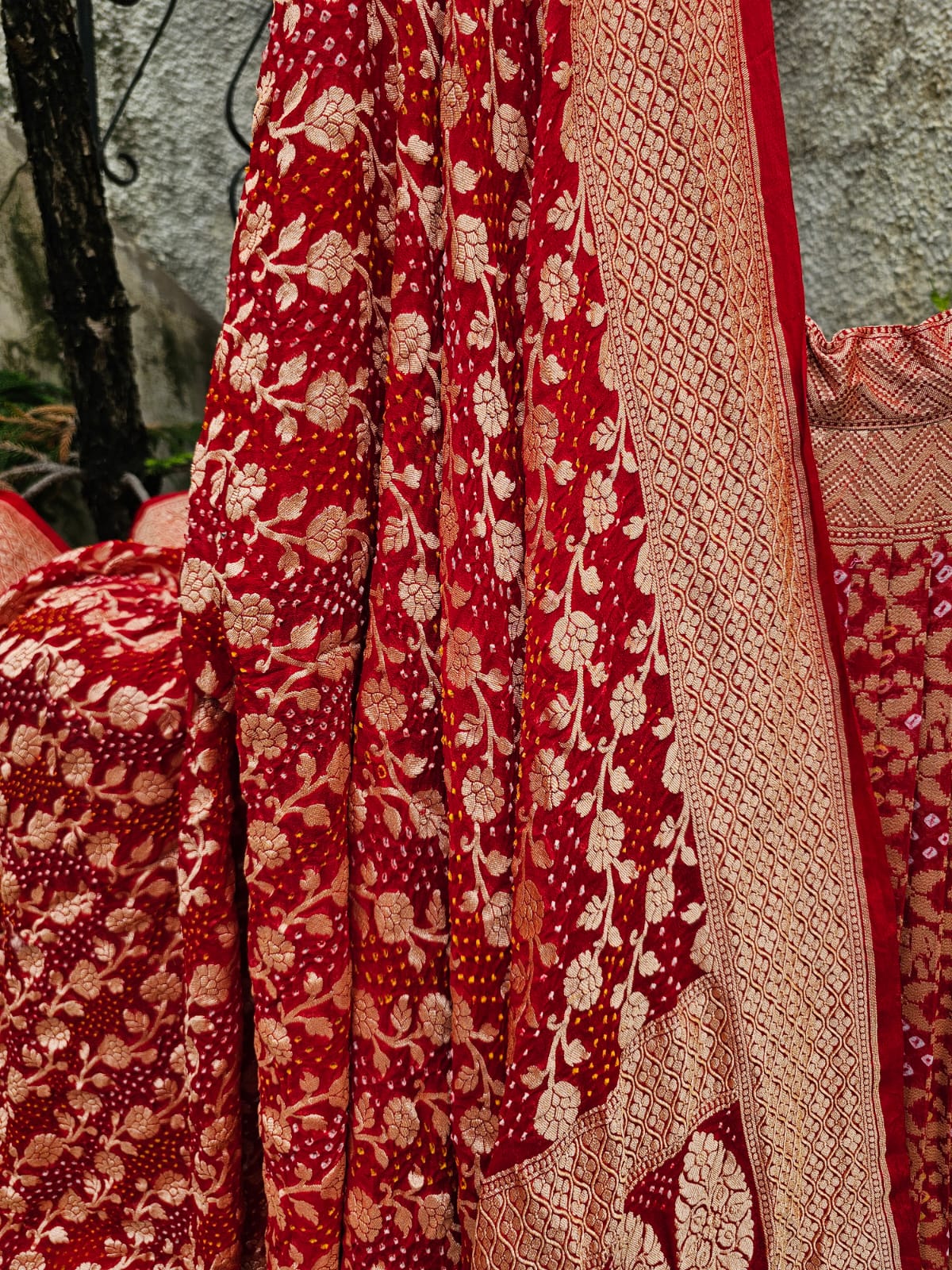 Mesmerizing Red Pure Banarsi Georgette Bandhani Lehenga