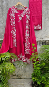 Festive and Vibrant Pink Colour Chanderi 3 Piece Semi Stitched Suit Set