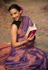 Handloom Tissue Linen Saree in Dual Shade Purple and Copper