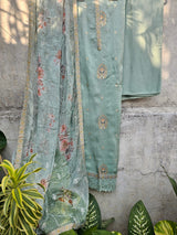 Cotton Silk Unstitched 3 Piece Unstitched Suit Set in Shade of Sea Green