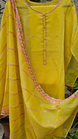 Lovely Yellow 3-pc Chanderi Mulmul Semi Stitched Suit Set