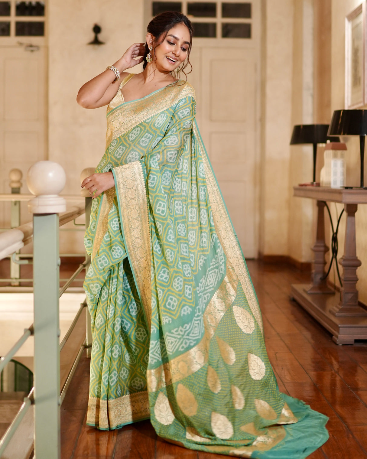 elegant-green-bandhani-banarasi-georgette-saree