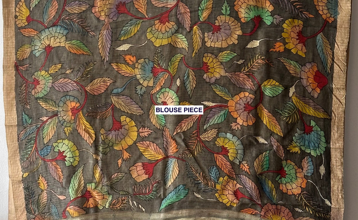 Heritage Grey Matka Silk Saree with Multicolor Florals – Kapaas Katha