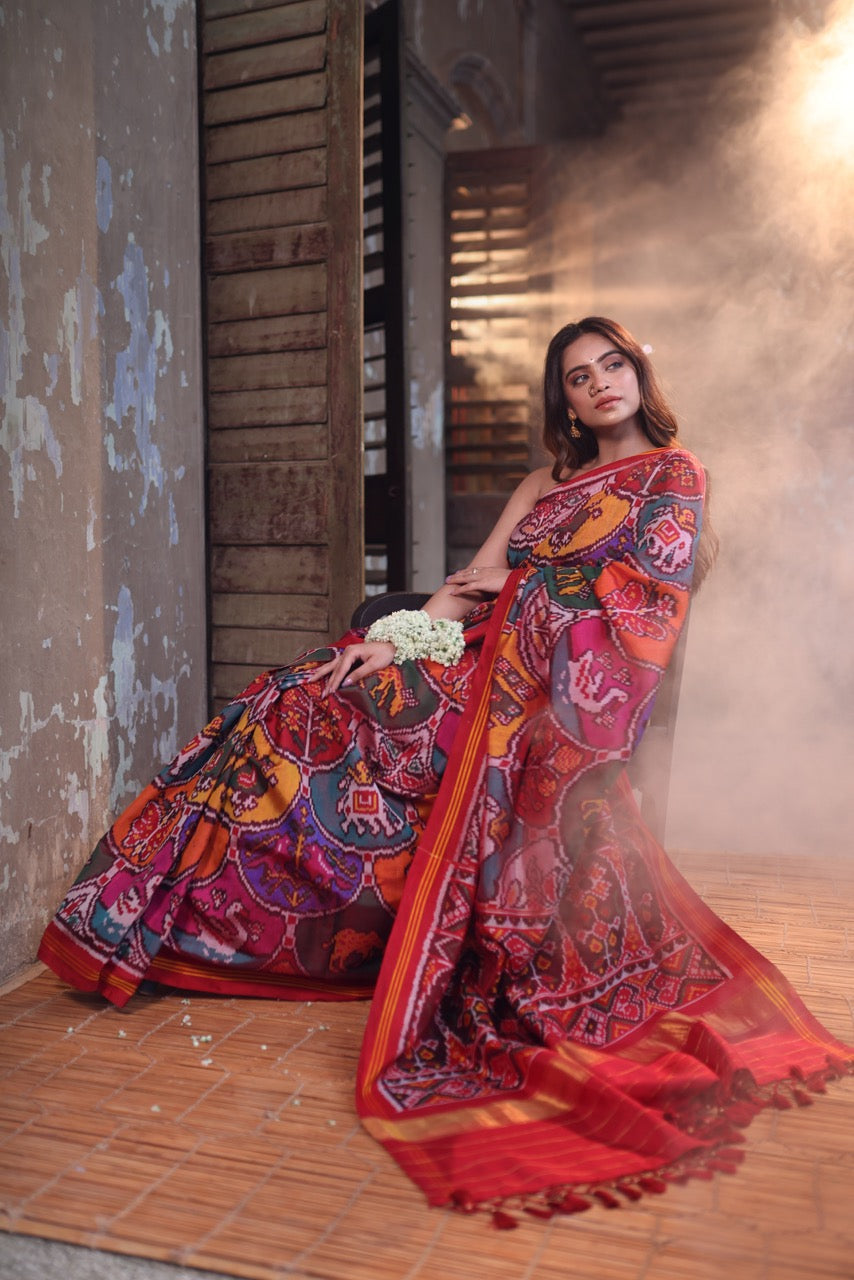 elegant-handloom-red-mulberry-silk-ikat-patola-saree-with-animal-motifs