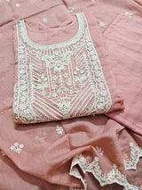 Elegant Pink Floral Machine Embroidered Three Piece Chanderi Mulmul Semi Stitched Suit Set