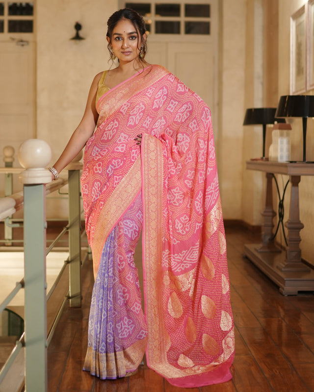 elegant-pink-lavender-pure-banarasi-georgette-bandhani-saree