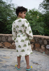 custom name embroidered kids bathrobe in waffle cotton fabric with minimal elephant print ideal for return gifts and exports to Belgium and Thailand