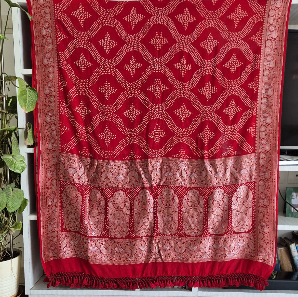 Red Very Exclusive Pure Banarsi Georgette Bandhani Dupatta