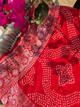 Red Very Exclusive Pure Banarsi Georgette Bandhani Dupatta