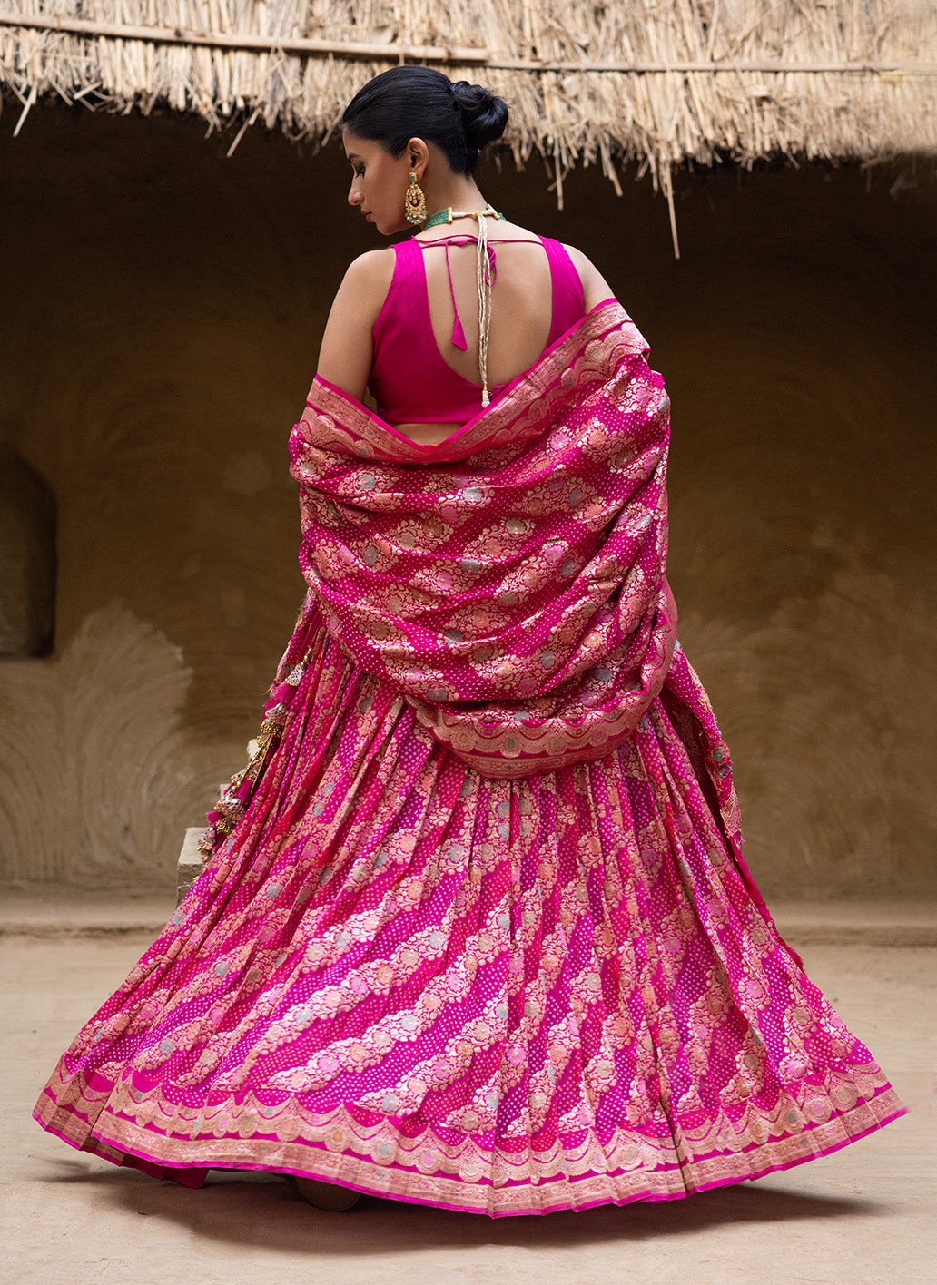 Exclusive Pink Banarasi Georgette Bandhani Lehenga with Dupatta