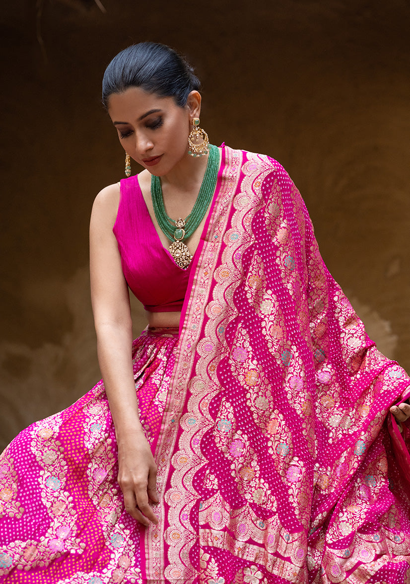 Exclusive Pink Banarasi Georgette Bandhani Lehenga with Dupatta