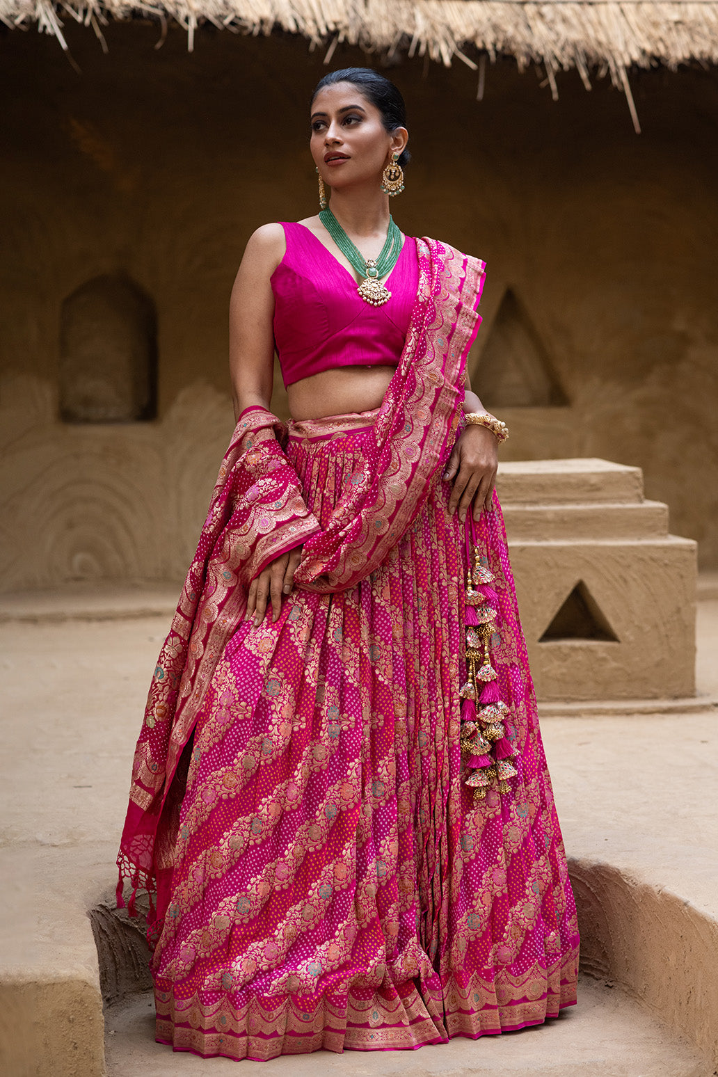 Exclusive Pink Banarasi Georgette Bandhani Lehenga with Dupatta