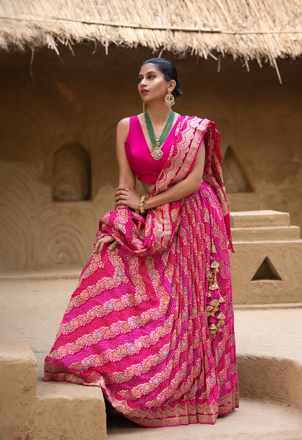 Exclusive Pink Banarasi Georgette Bandhani Lehenga with Dupatta