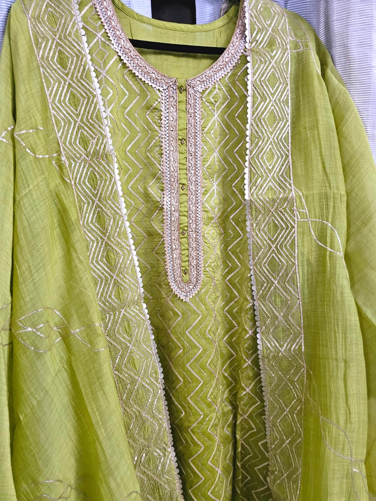 Festive 3 Piece Semi Stitched Suit Set with Gota work in Green Colour